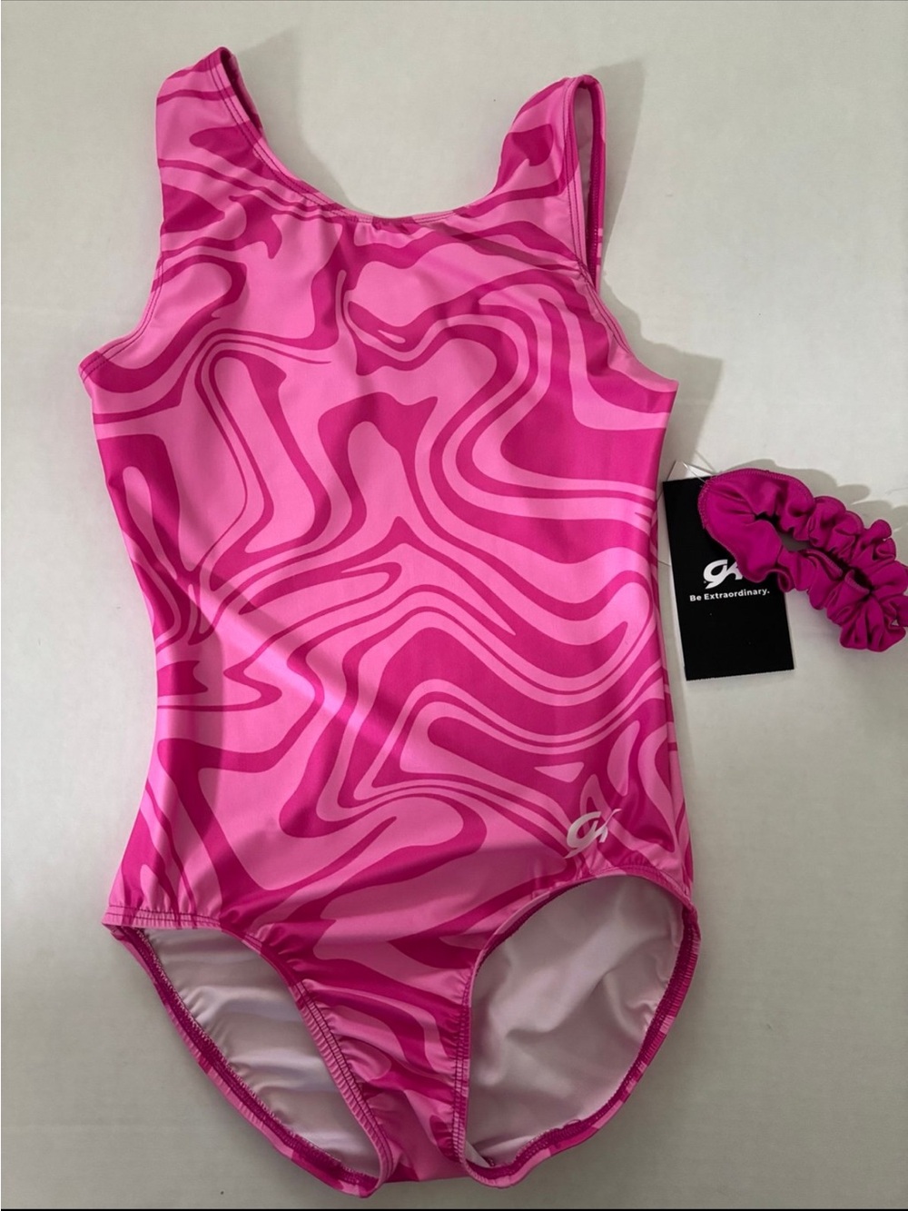 New! GK Gymnastics Leotard + Scrunchie Elite Sportswear Pink Swirl Size CS